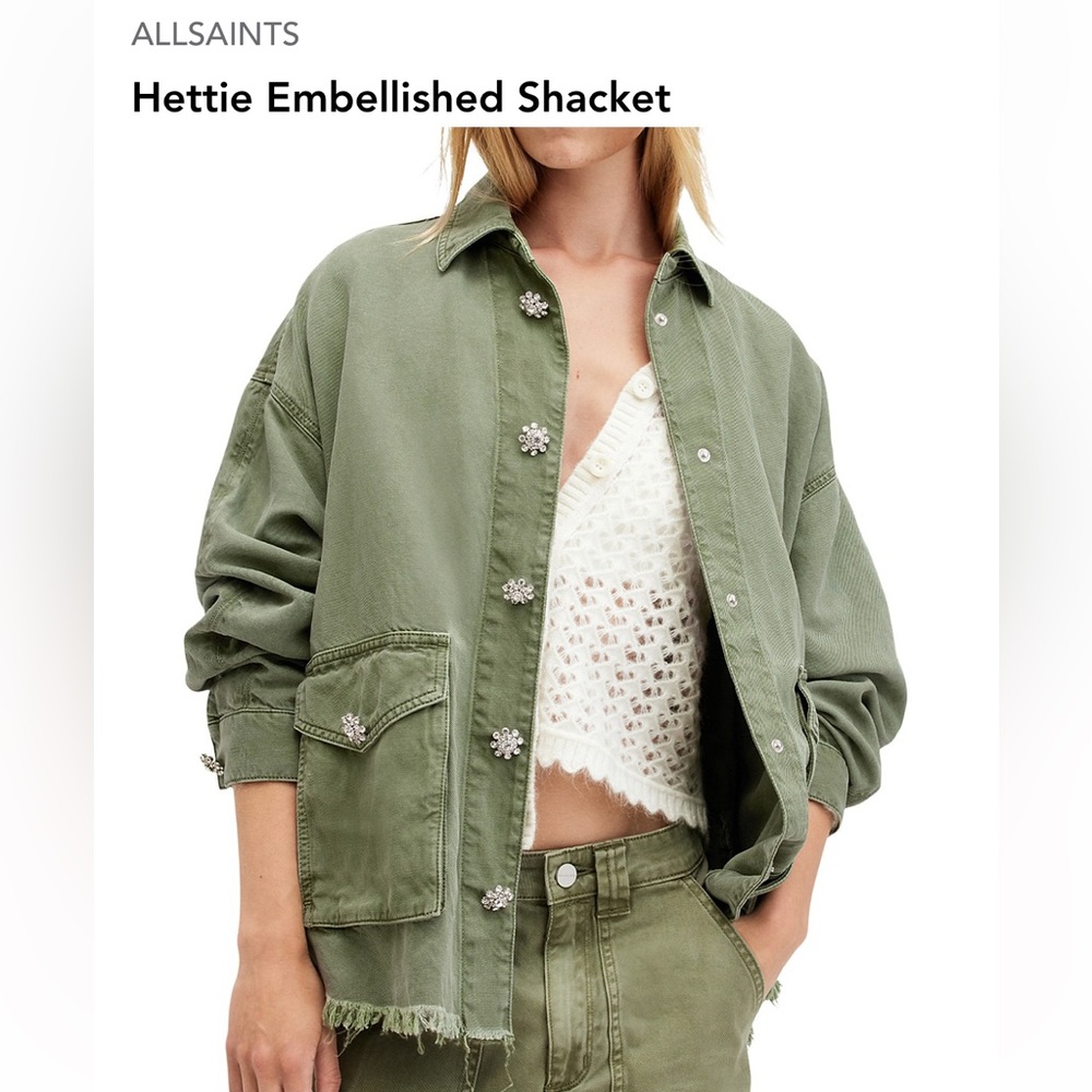 NWT Allsaints Hettie Embellished Shacket in Vintage Khaki US 6